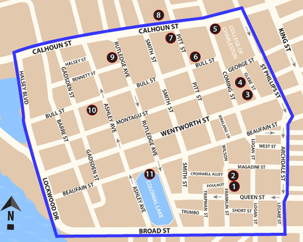 Fun things to do in Charleston : Map of Harleston Village in Charleston SC.