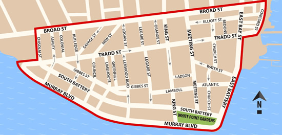 Fun things to do in Charleston : Map of South Of Broad District in Charleston SC.